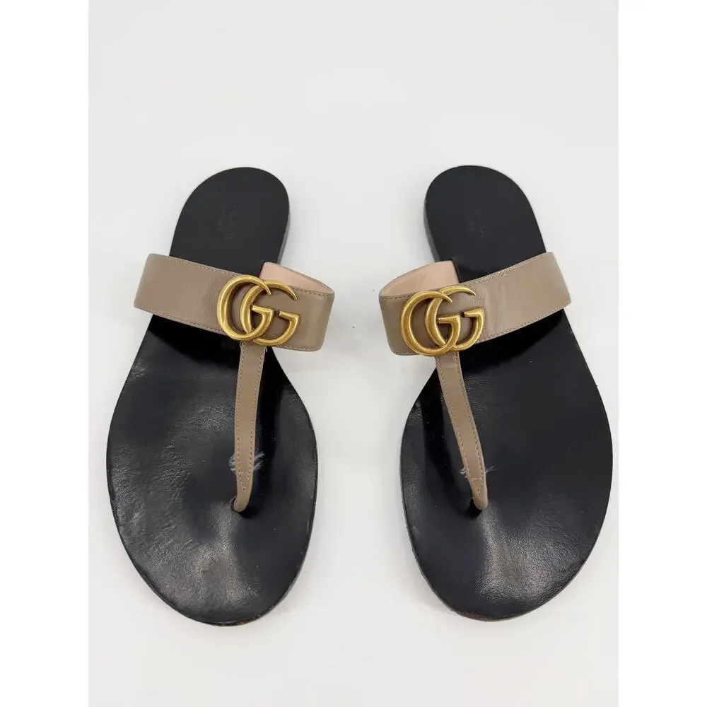 Gucci Marmont Black Leather Double G Logo Thong Sandals Flat Size 39 EU 9